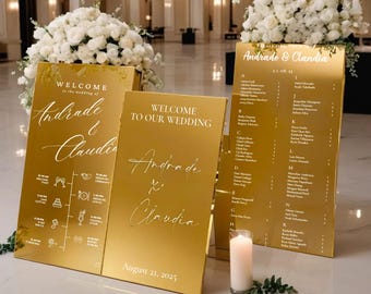 Gold Mirror Wedding Sign Bundle, Seating Chart, Welcome Sign