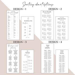 May include: Four different wedding seating chart designs. The first design is a welcome sign with a list of guests' names. The second design is a wedding day timeline. The third design is a seating chart with table numbers and guest names. The fourth design is a seating chart with table numbers and guest names.