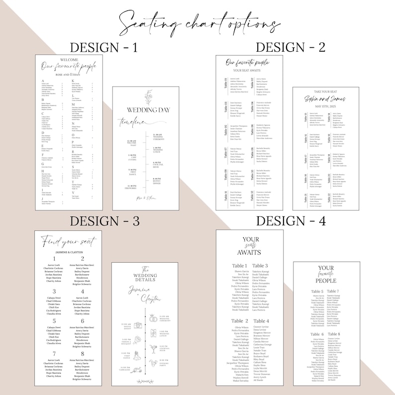 May include: Four different wedding seating chart designs. The first design is a welcome sign with a list of guests' names. The second design is a wedding day timeline. The third design is a seating chart with table numbers and guest names. The fourth design is a seating chart with table numbers and guest names.