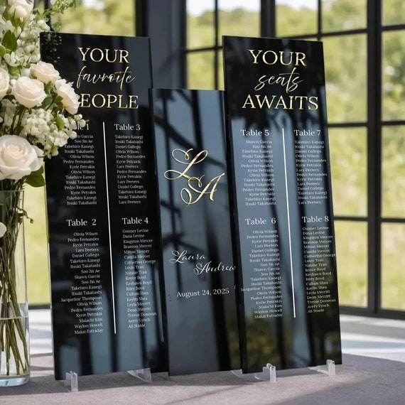 Black Acrylic Wedding Sign Bundle – Gold Mirror Seating Chart