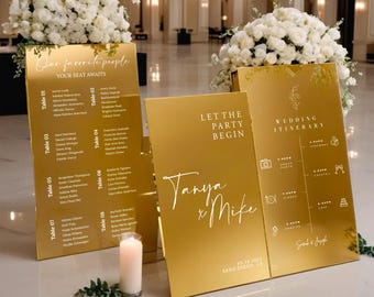 Gold Mirror Wedding Sign Set – Welcome, Seating Chart, Reception