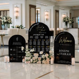 Paquete de letreros para boda - Plano de asientos negro - Letrero de bienvenida para recepción - Letrero de boda acrílico - Juego de tres - Decoración de boda