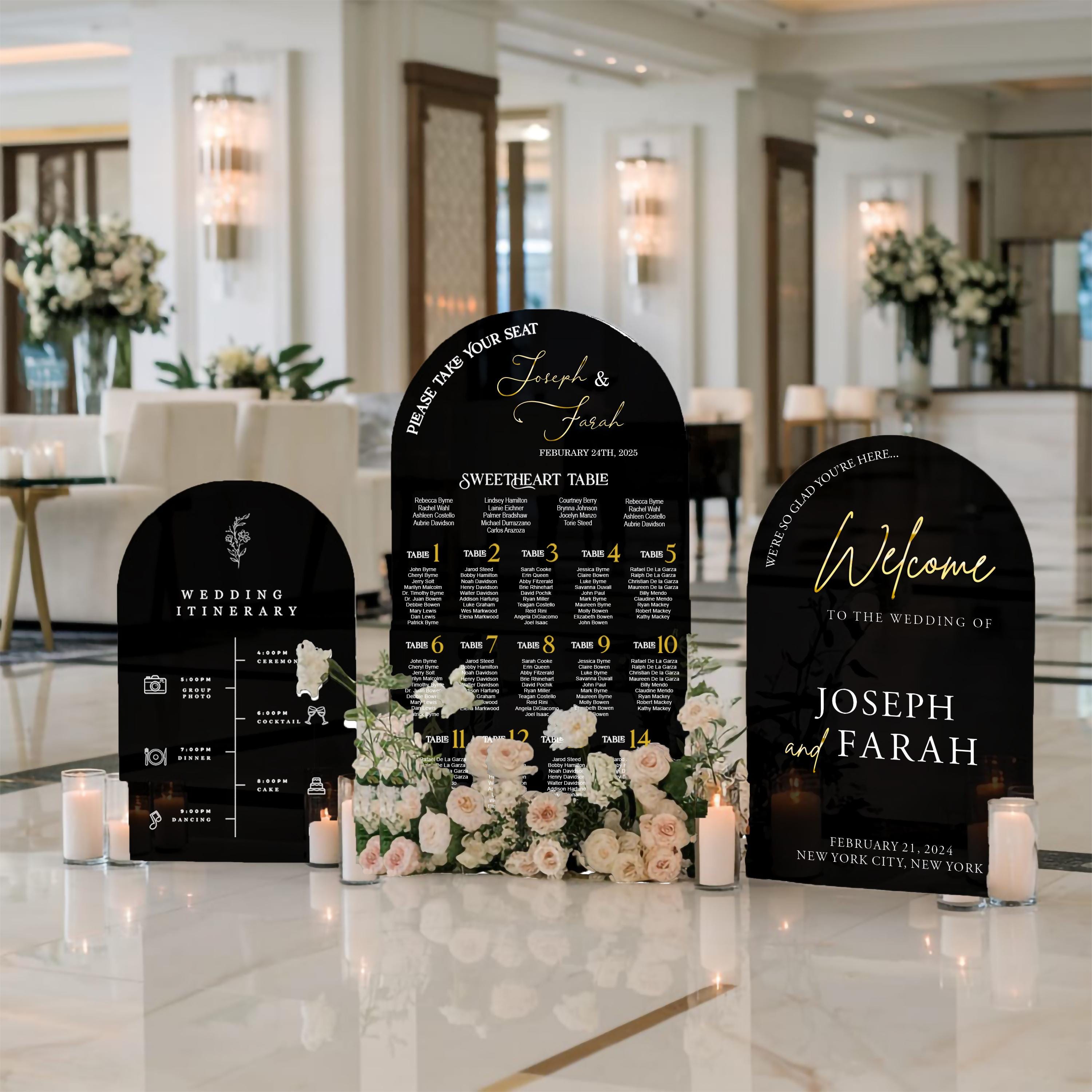 Wedding Signs Bundle - Black Seating Chart - Reception Welcome Sign - Acrylic Wedding Sign - Set of Three - Wedding Decor