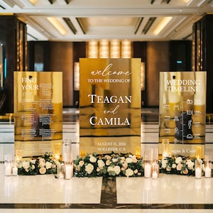 Juego de 3 letreros de boda con espejo dorado, letrero de bienvenida, plano de asientos y señalización de recepción, ideal para una fiesta "Felices para siempre", decoración de boda.