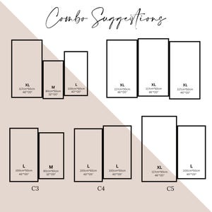 May include: A diagram showing different size combinations for wall art prints. The sizes are labeled XL, L, and M. The measurements are in inches and centimeters. The diagram is labeled C3, C4, and C5.