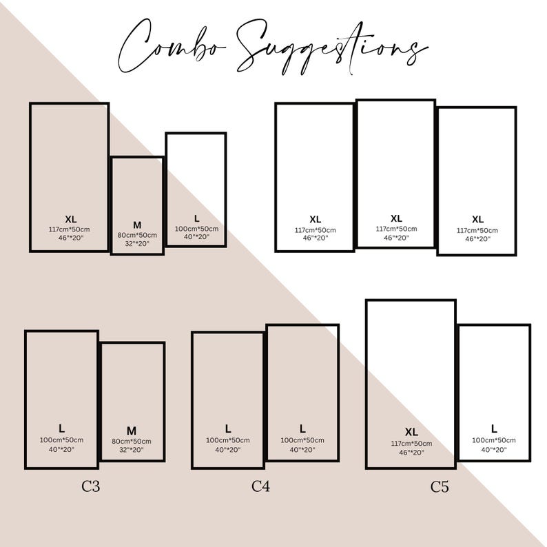 May include: A diagram showing different size combinations for wall art prints. The sizes are labeled XL, L, and M. The measurements are in inches and centimeters. The diagram is labeled C3, C4, and C5.