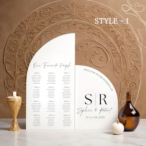 Paquete de letreros para bodas: letrero con plano de asientos, letrero de bienvenida para bodas, letreros de acrílico blanco, plano de asientos en arco, plano de asientos para bodas