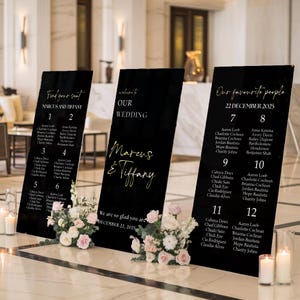 Paquete de letreros para bodas - Plano de asientos en negro - Juego de tres - Letrero de boda de acrílico - Decoración de bodas - Letrero de bienvenida para recepción - Letreros de bienvenida