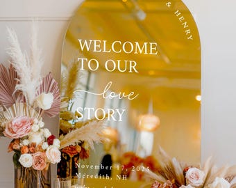 Arched Gold Mirror Wedding Welcome Sign – Custom Reception Decor