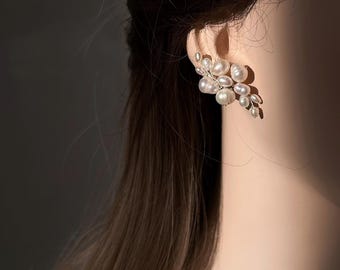 REAL Pearl Cluster Stud Earrings Natural Pearl Cluster Earrings Handmade Baroque Pearl Earrings Flower Pearl Stud Earrings, wedding earrings