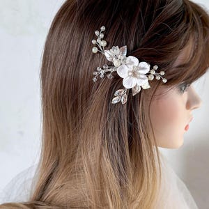 Porcelain Flower Bridal Hair Clip: Pearl & Crystal Wedding Barrette