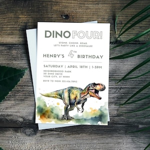 Dino Vier-Geburtstags-Party Einladung | Aquarell Dinosaurier 4. Geburtstag | T-Rex evit | Moderne druckbare einladen | Bearbeitbare Vorlage | PMP05
