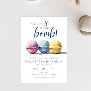 Invitation de fête d'anniversaire bombe de bain | Peinture à l'aquarelle | Gazeux pour le bain | Invitation journée spa pour filles | Carte imprimable | Modèle modifiable | PMP08