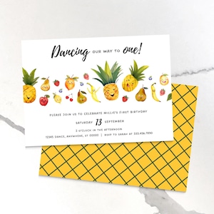 Invitación de cumpleaños con frutas danzantes / Invitación para el primer cumpleaños / Invitación para un dulce / Tarjeta imprimible con comida divertida y sensorial / Plantilla editable / PMP22