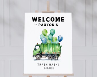 May include: Welcome to Paxton's Trash Bash! A green garbage truck with blue and green balloons in the back. The date 10.13.20XX is printed below the text.
