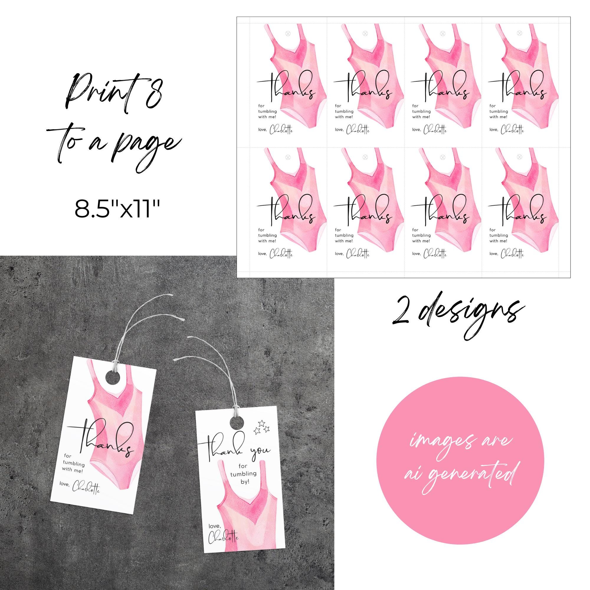 Gymnastics Birthday Thank You Tag | Pink Leotard | Tumble Party Favors ...