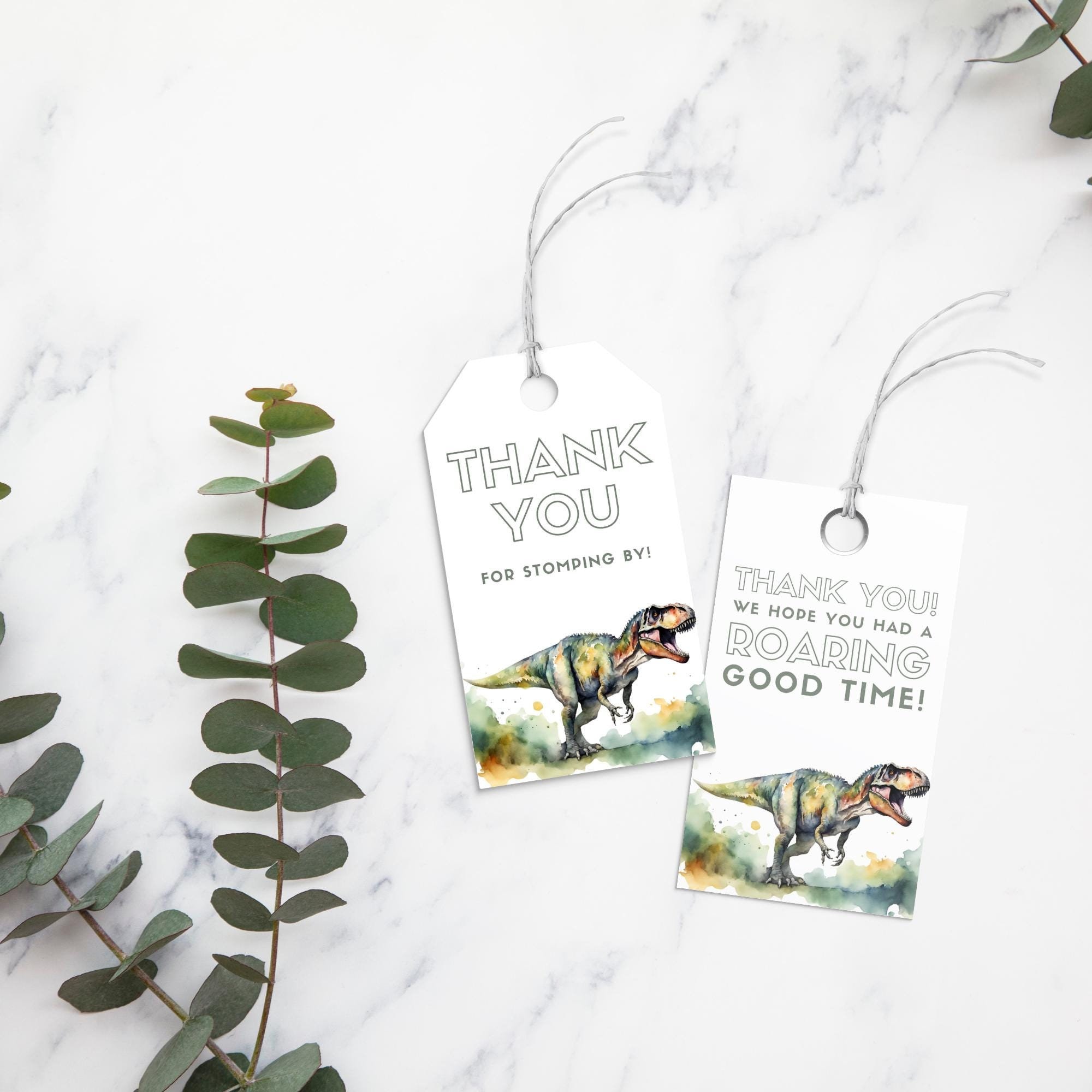 Dinosaur Birthday Thank You Tags Dino Four Party Favors T-Rex Bday Stomp Chomp Roar Printable Gift Card Editable Template PMP05