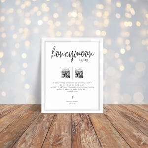 May include: A white sign with black text that reads "honeymoon fund".  There are two QR codes, one labelled "Venmo" and the other labelled "Paypal". The text below the QR codes reads "If you were thinking of giving a gift to help us on our way, a contribution towards our honeymoon would really make our day. Thank you! Cora + Henry 07.15.XX"