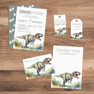 Mini pacote de aniversário Dino Four | Convite de dinossauro T-Rex | Lembrancinhas de festa | Cartão de agradecimento | Etiqueta de presente para impressão | Modelo editável | PMP05
