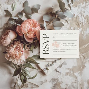 Cartão de RSVP de casamento Blush Rose | Cartão postal de resposta para impressão 3,5x5 ou 4x6 | Resposta do convidado | Download instantâneo | Modelo editável simples | PMP01
