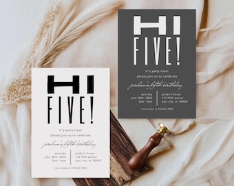 Hi Five! Birthday Party Invitation | High Five Invite | 5 Year Old Celebration | Modern Neutral Printable Card | Editable Template | PMP19
