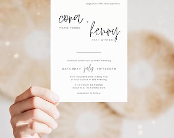 May include: A white wedding invitation with black text. The invitation reads "together with their parents, Cora + Henry, Marie Young, Ryan Winter, cordially invite you to their wedding, Saturday July Fifteenth, two thousand and twenty five at four o'clock in the evening, The Four Seasons, Seattle, Washington, reception to follow."