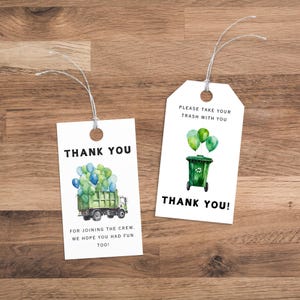 Etiquetas de agradecimiento de cumpleaños con diseño de camión de basura / Recuerdos de fiesta con reciclaje / Tira todo / Fiesta de la basura / Etiqueta de regalo imprimible / Plantilla editable / PMP03