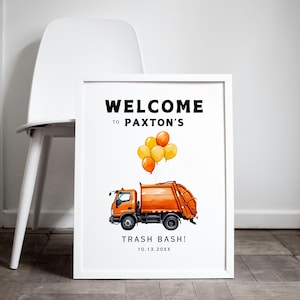 Letrero de bienvenida de cumpleaños con camión de basura naranja / Fiesta de reciclaje / Contenedor de basura / Fiesta de basura / Letrero imprimible de 16 x 20 / Plantilla editable / PMP03