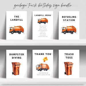 Op de afbeelding: Een set bedrukbare borden voor een vuilniswagen-thema verjaardagsfeest. De borden bevatten illustraties van vuilniswagens en vuilnisbakken, en bevatten zinnen als "De stortplaats", "Tankstation", "Containerduiken", "Bedankt" en "Afval gooien".