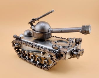 Scrap Metal Tank Sculpture – Welded Art Model, Tank Lover Gift