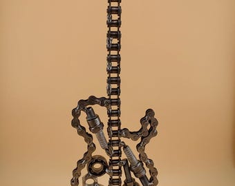 Welded Guitar Metal Sculpture – Chain & Spark Plug Art