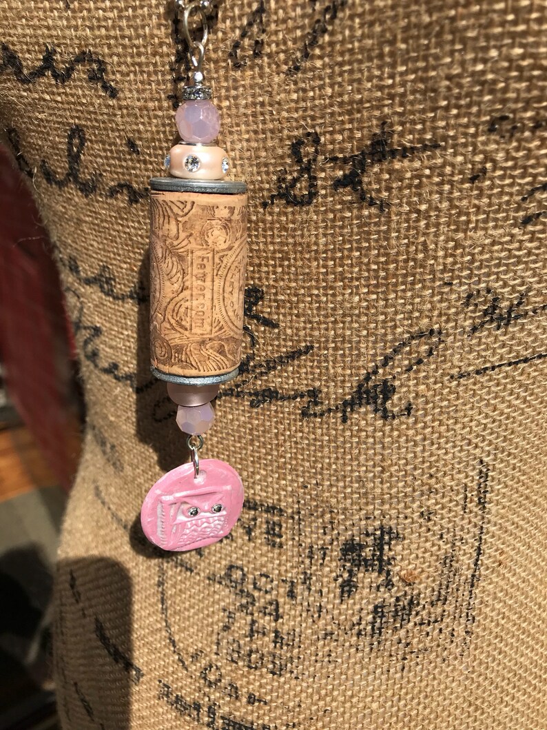 Pink Wine Cork and Owl Pendant image 2