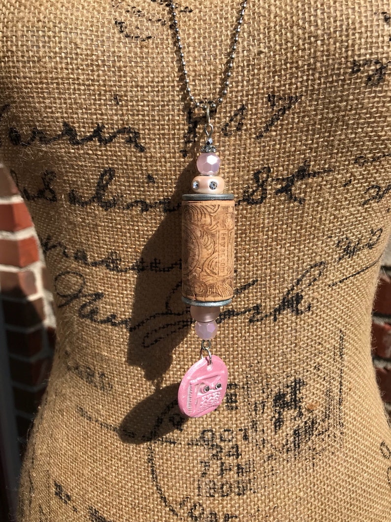 Pink Wine Cork and Owl Pendant image 4