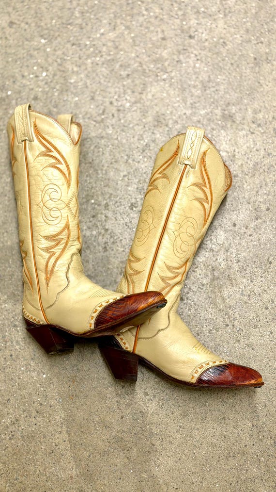 Tony Lama Tan And Cream Lizard‎ R-Toe Exotic Western Boots Sz 8 Vintage Tony Lama Full Teju Lizard Cowboy Boots 8 D  main image 3