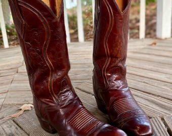 Botas vaqueras vintage hechas a mano El Dorado color burdeos/perro sangre de buey, talla 9 para mujer