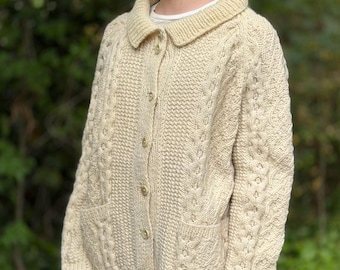 Cárdigan de punto Aran XXL, jersey irlandés de punto trenzado tejido a mano, color marfil, unisex.