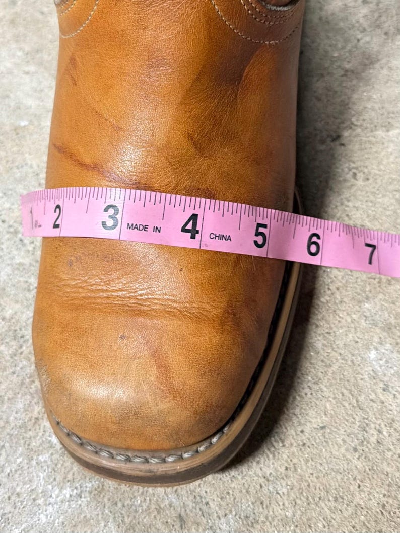 Stivali vintage Acme Campus: anni '70 in pelle color miele marmorizzata, tacco grosso stile hippie (taglia 9) immagine 20