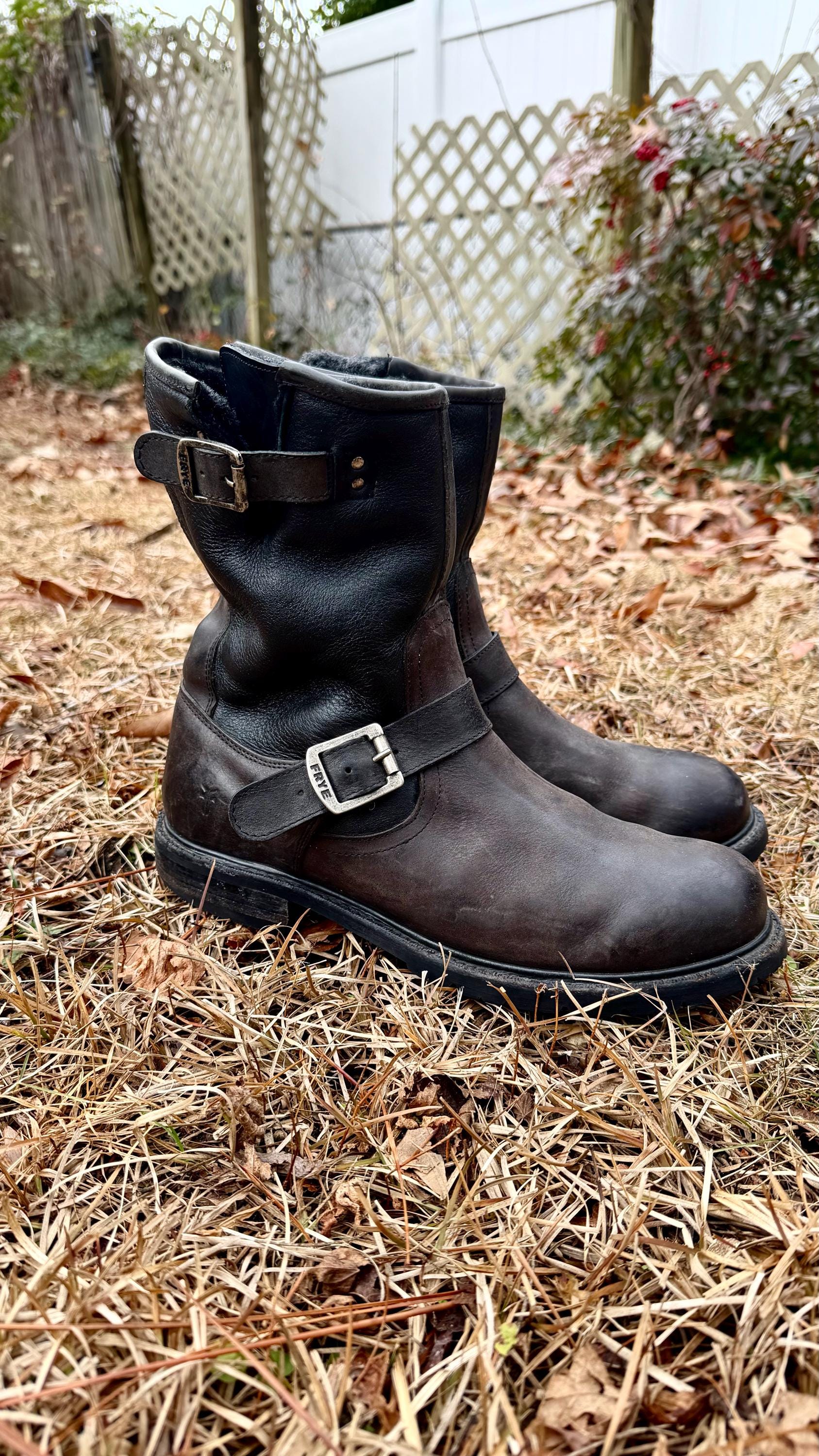 Frye Engineer/ Biker Boots - Black Leather Harness Sheepskin Lined