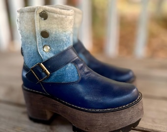 Funky Tirana Brand Cobalt Blue Platform Ankle Booties Felted Wool Fold Over Cuffs 38 EU/ 8 US Boho/Festival Wear