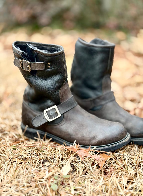 Frye Engineer/ Biker Boots - Black Leather Harness Sheepskin Lined