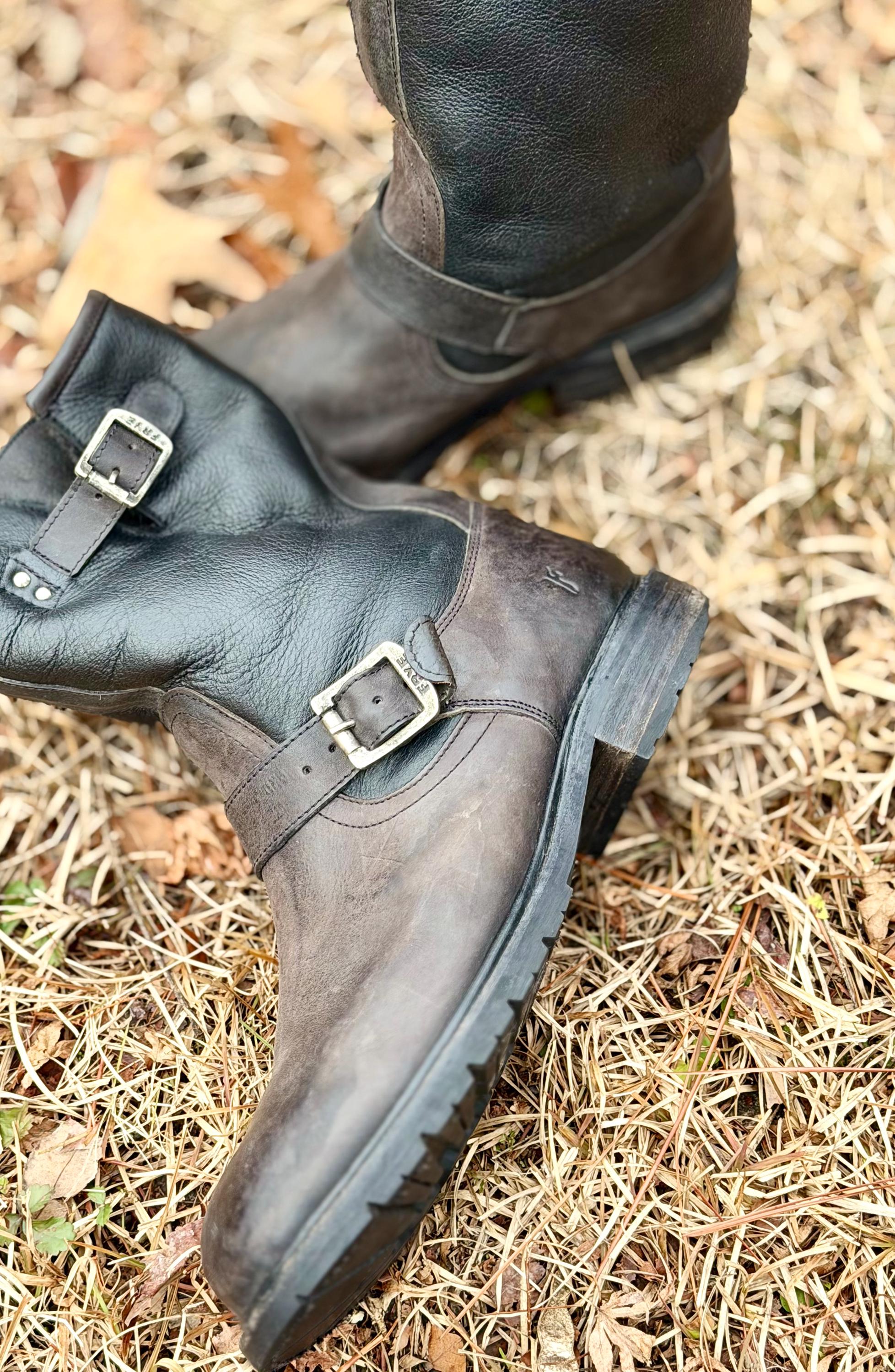Frye Engineer/ Biker Boots - Black Leather Harness Sheepskin Lined