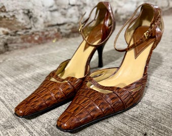 Valerie Stevens Y2K Strappy Secretary Croc-Embossed Ankle strap Heel Size 10