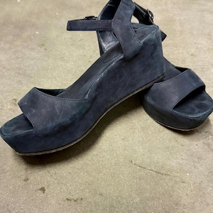 May include: A pair of navy blue open-toe platform sandals. The sandals feature a thick platform sole, an ankle strap with a buckle, and a strap over the toes. The shoes appear to be made of suede or a similar material.
