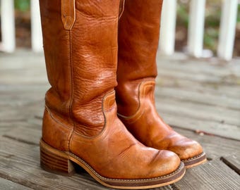 Vintage Acme Campus Boots: 70s Marbled Honey Cognac Leather Chunky Hippie Boots Stacked Heel (Size 9)