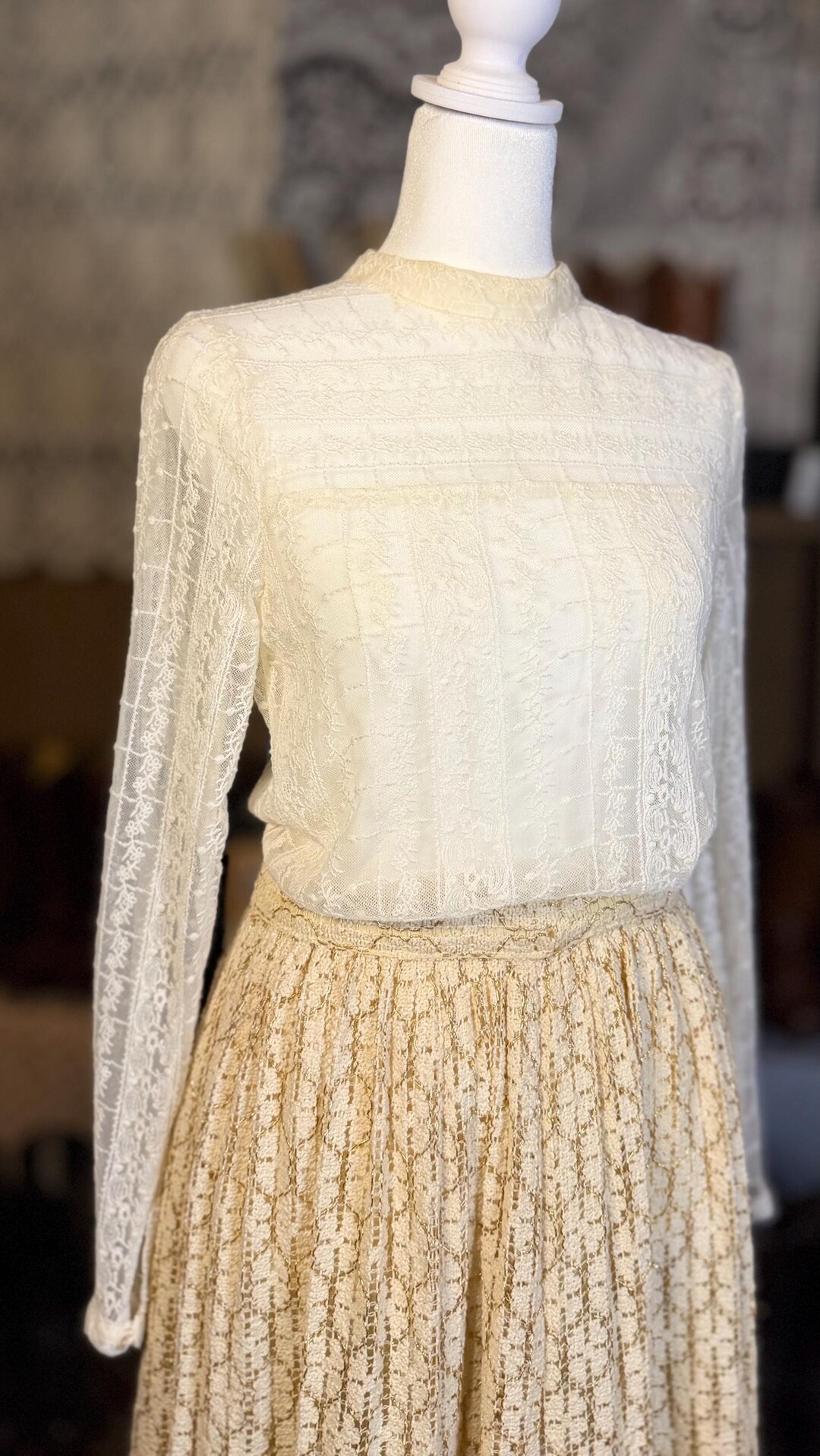 Button Top Shell Vintage Stretch Lace Top Shell Buttons Long Sleeves - Etsy
