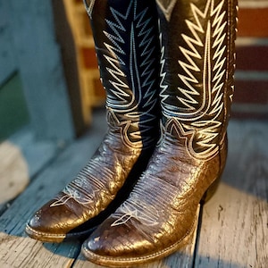 Op de afbeelding: Een paar bruine en zwarte cowboylaarzen met ingewikkelde witte stiksels. De laarzen hebben een puntige neus en een hoge schacht met decoratieve stiksels. De laarzen zijn van leer en lijken versleten.