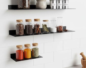 Juego de estantes flotantes de metal negro para cocina, almacenamiento de pared para la organización de la despensa.