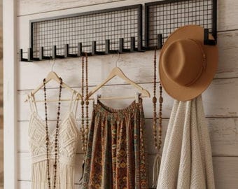 Industrial Wall Hook Rack | Metal Organizer with Grid Frame for Clothes, Hats & Accessories