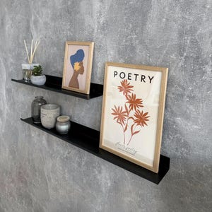 Black Floating Shelf, Modern Metal Wall Ledge for Pictures, Books, Plants and Home Décor