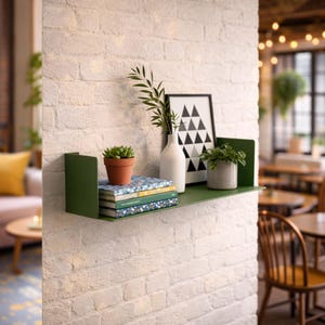 May include: A green metal shelf mounted on a white brick wall, displaying a small potted succulent, books, a framed geometric print, and a white vase with greenery. The shelf is a simple, modern design, perfect for displaying decorative items.